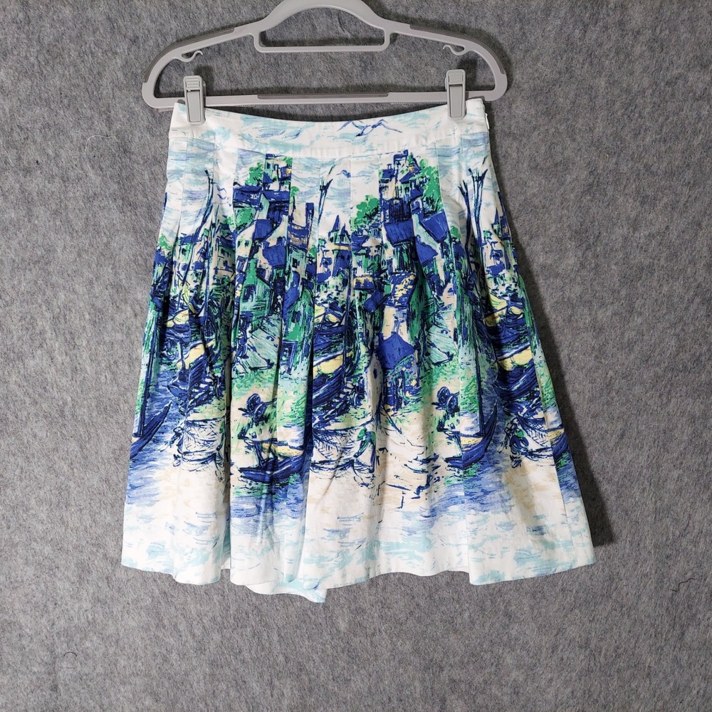 Talbots Women Skirt 2 Petite Blue White Coastal Scenic Pleated A-Line Cotton